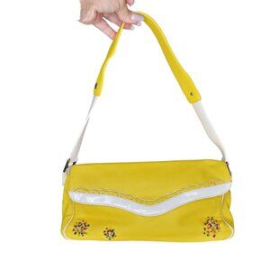 Casadei vintage Yellow Leather Shoulder Bag W Beaded Floral Accents White Trim